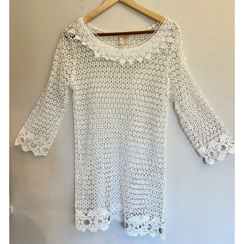 Simply Irresistible Top Womens L White Crochet Open‎ Knit Tunic Boho Cover Up